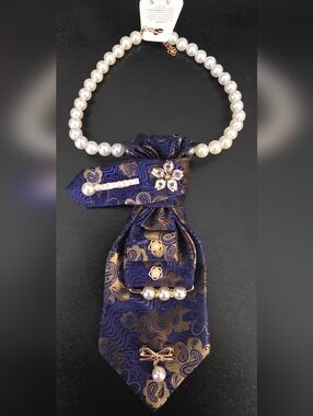 Purple and Gold Brooched Silk Tie Necklace Accent